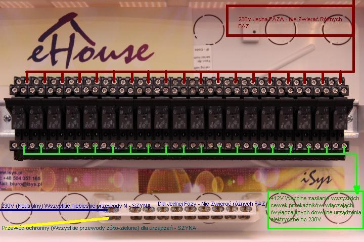  eHouse Smart House - การเชื่อมต่อรีเลย์และ actuators เพื่อ RoomManager . การเชื่อมต่อเฟส 230V เพื่อควบคุมรีเลย์ . 